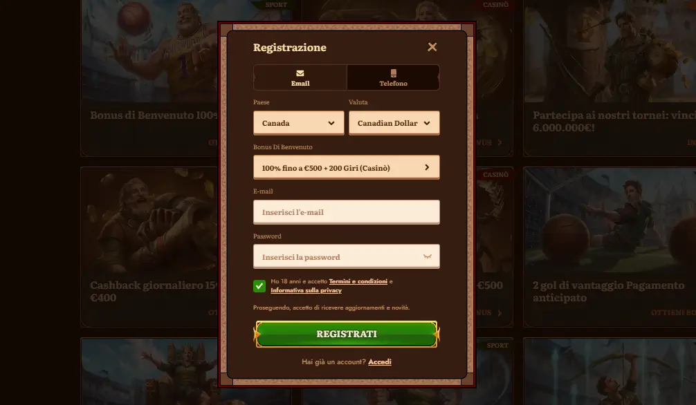 Registrazione su Wild Robin Casino